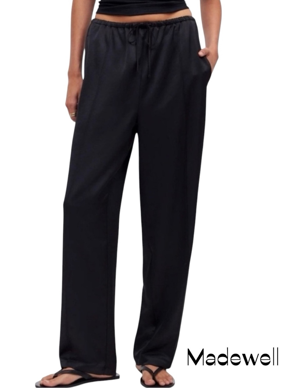 Madewell Black Satin High Rise Straight Leg Pants NWOT Size L CozyCore